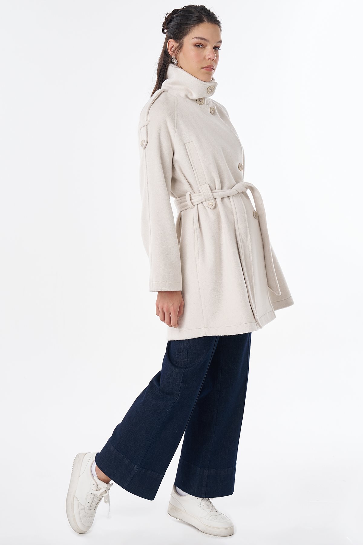 Epaulet Detail Wool-Blend Coat Cream