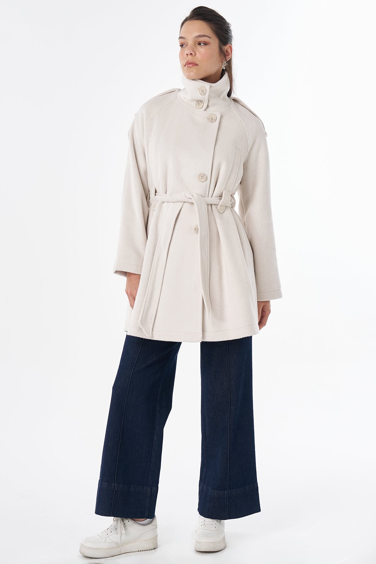 Epaulet Detail Wool-Blend Coat Cream