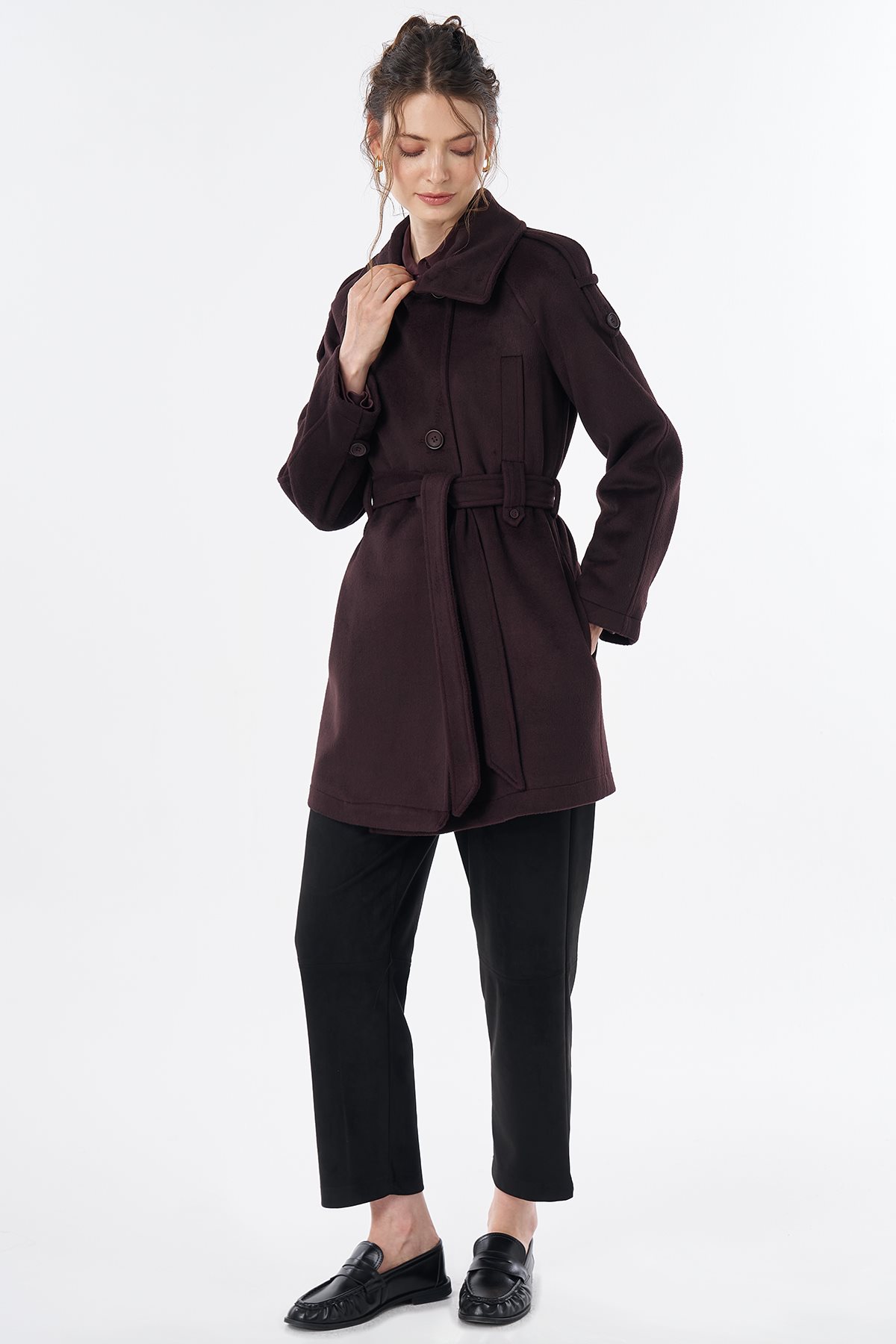 Epaulet Detail Wool-Blend Coat Plum