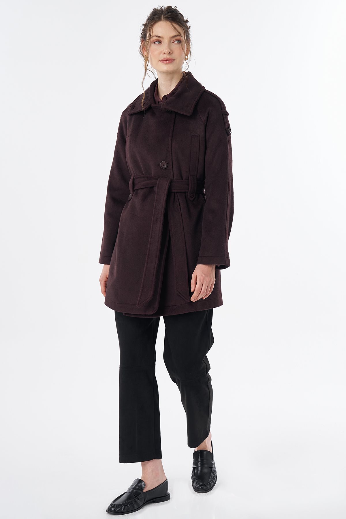 Epaulet Detail Wool-Blend Coat Plum