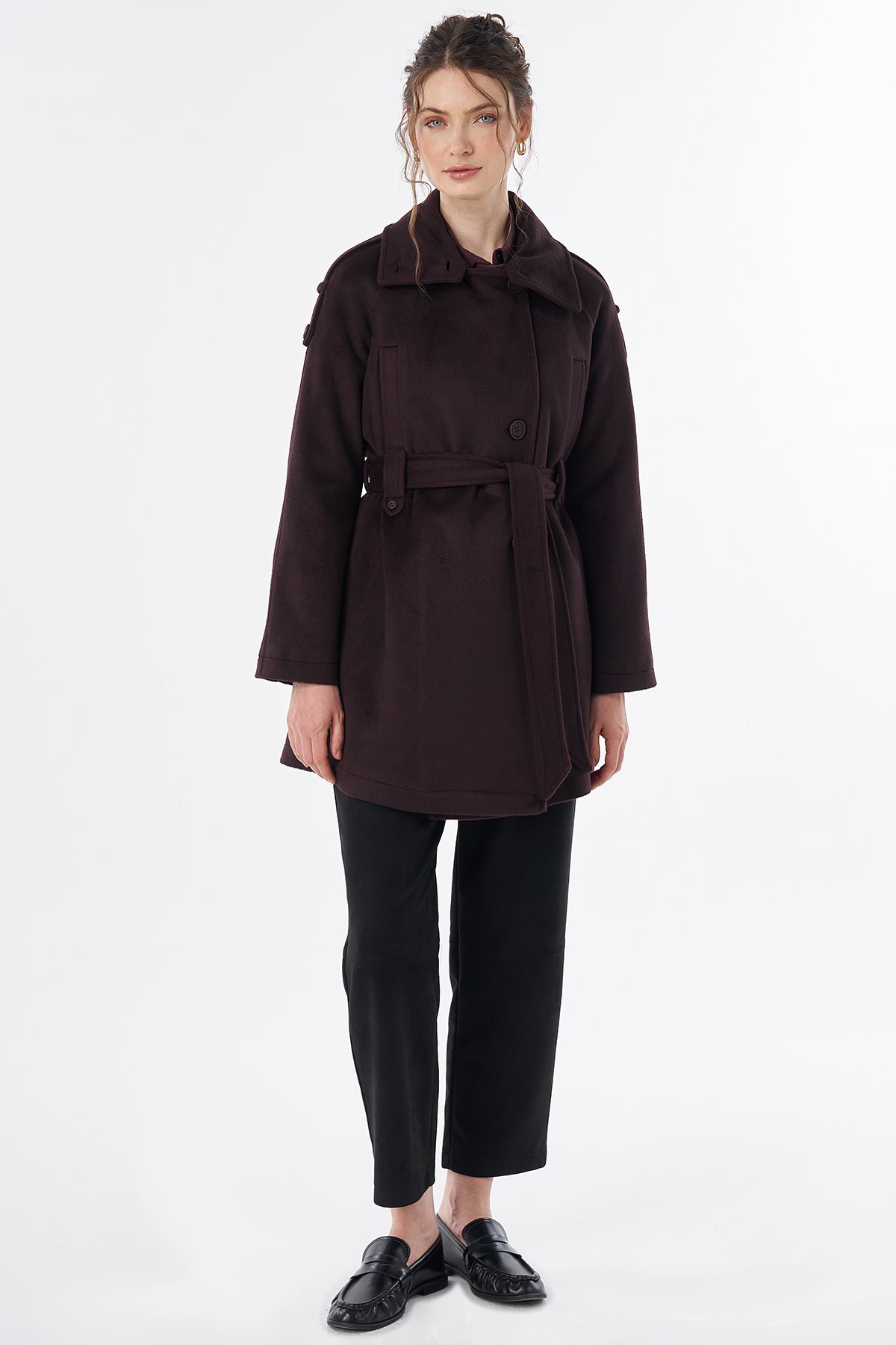 Epaulet Detail Wool-Blend Coat Plum