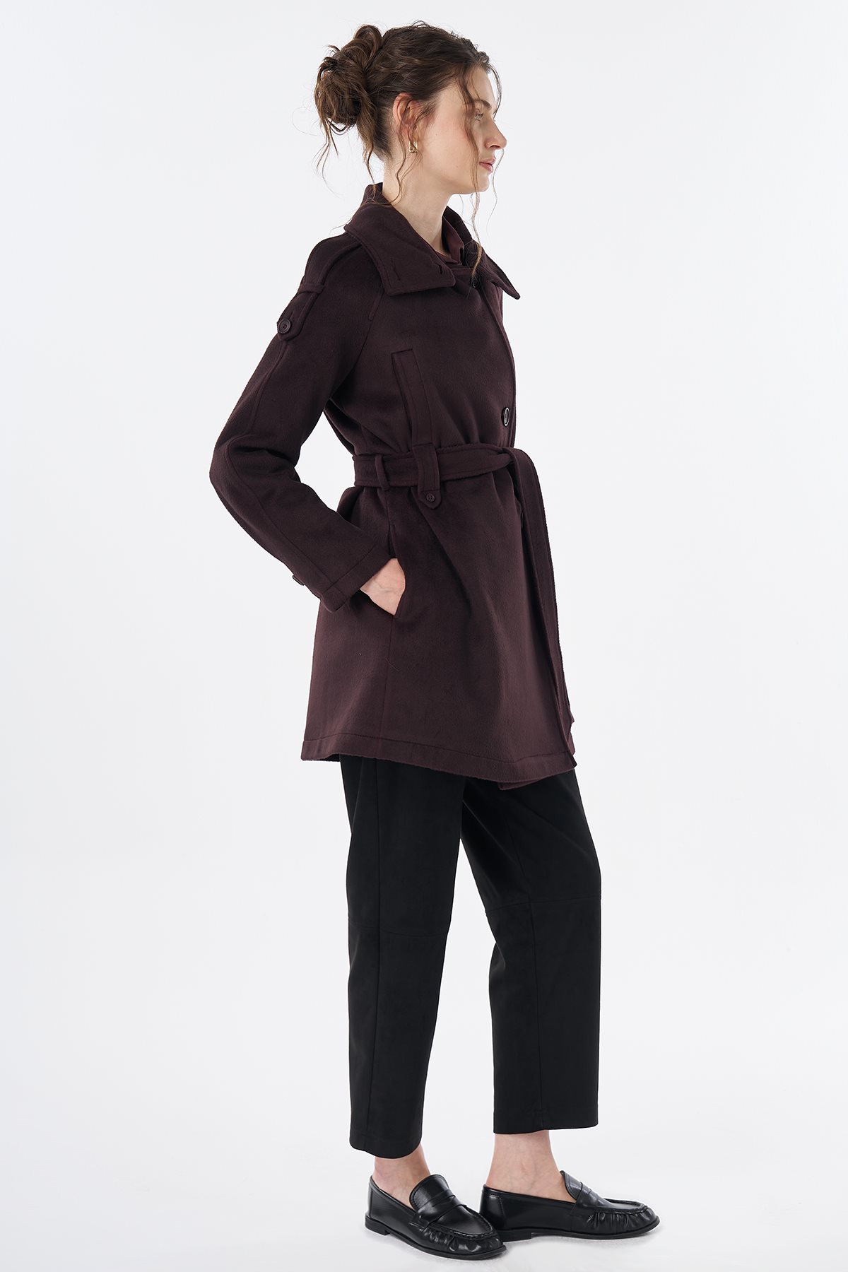 Epaulet Detail Wool-Blend Coat Plum