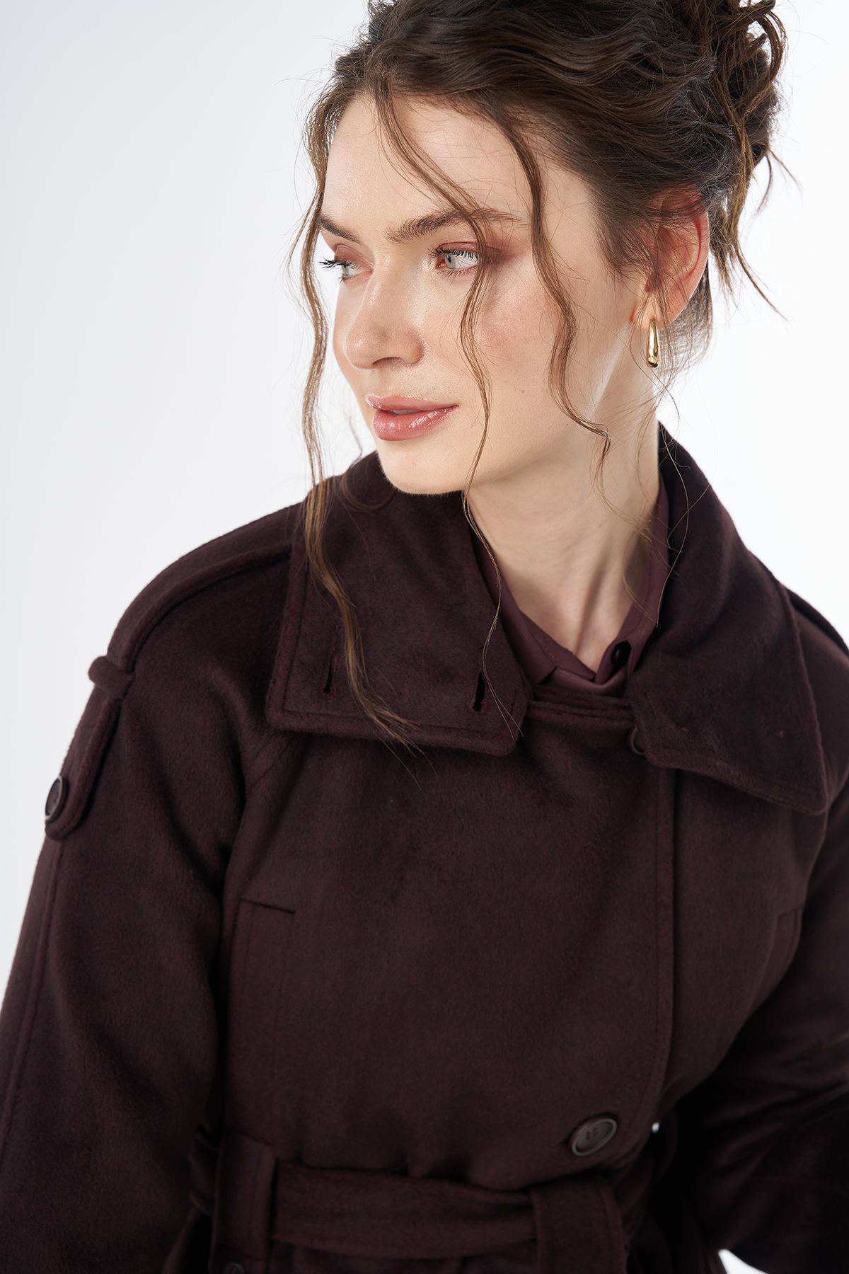 Epaulet Detail Wool-Blend Coat Plum