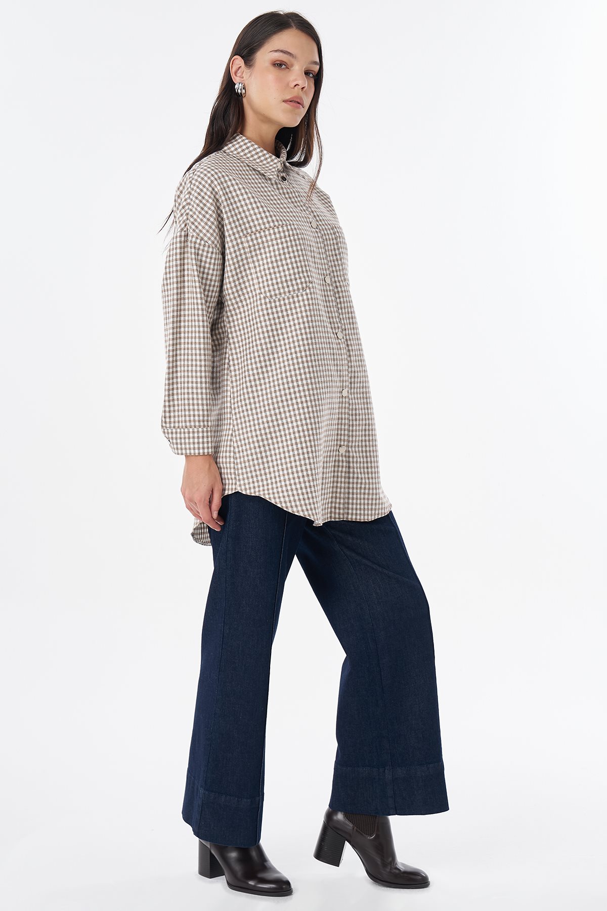 Plaid Pattern Cotton Tunic Beige