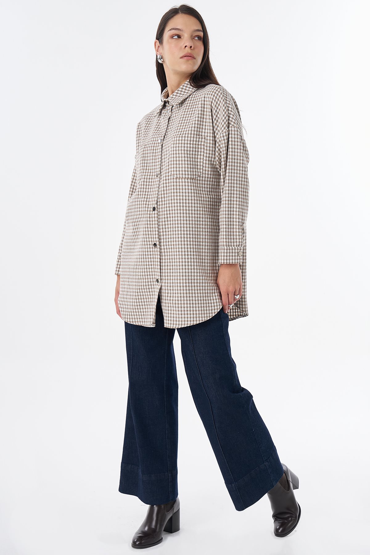 Plaid Pattern Cotton Tunic Beige