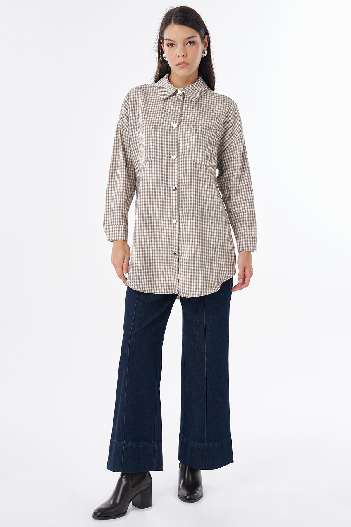 Plaid Pattern Cotton Tunic Beige