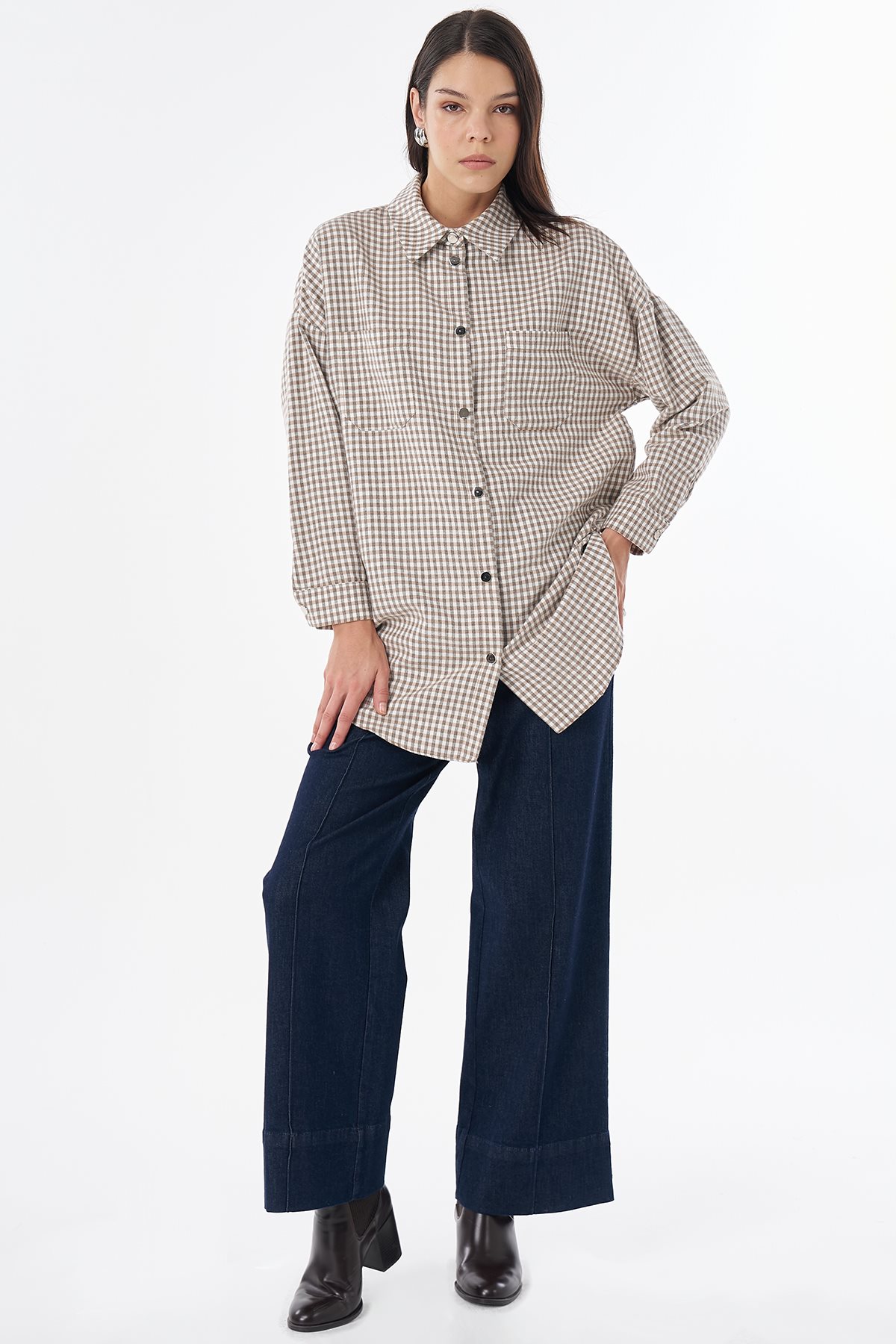 Plaid Pattern Cotton Tunic Beige
