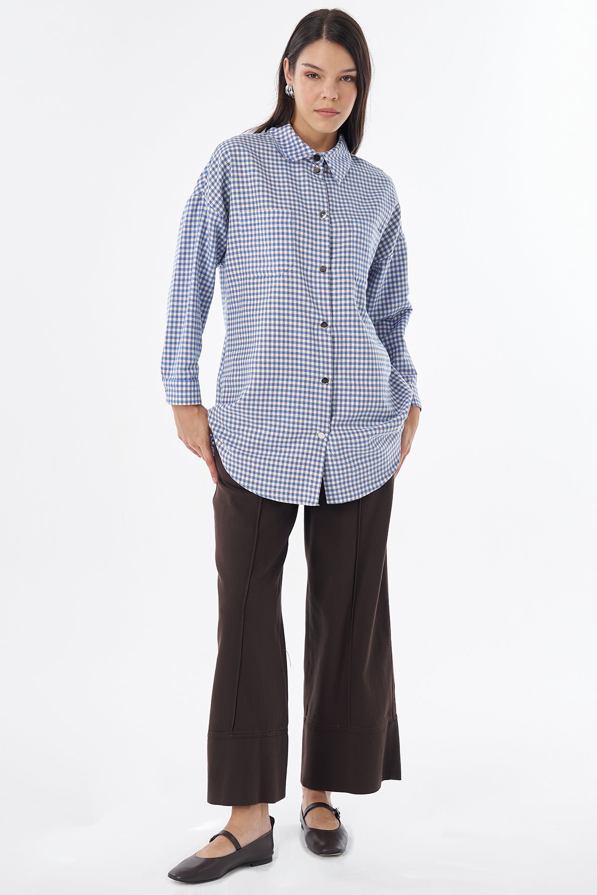 Plaid Pattern Cotton Tunic Blue