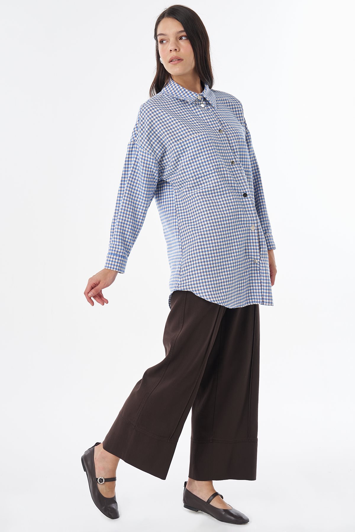 Plaid Pattern Cotton Tunic Blue