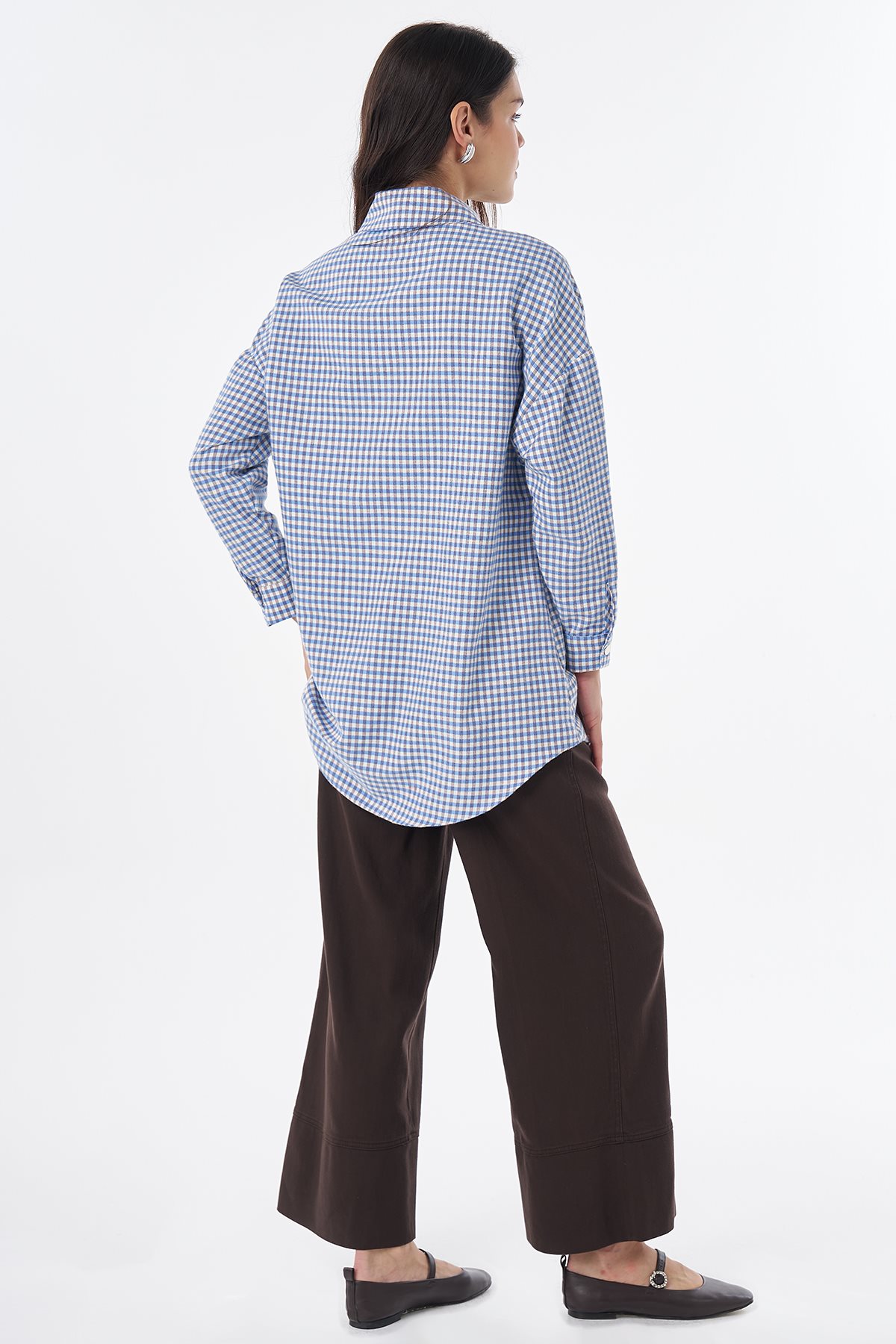 Plaid Pattern Cotton Tunic Blue