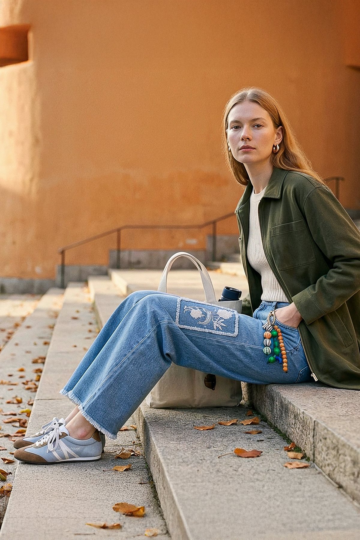 Yıkamalı Nakış İşlemeli Denim Pantolon Mavi