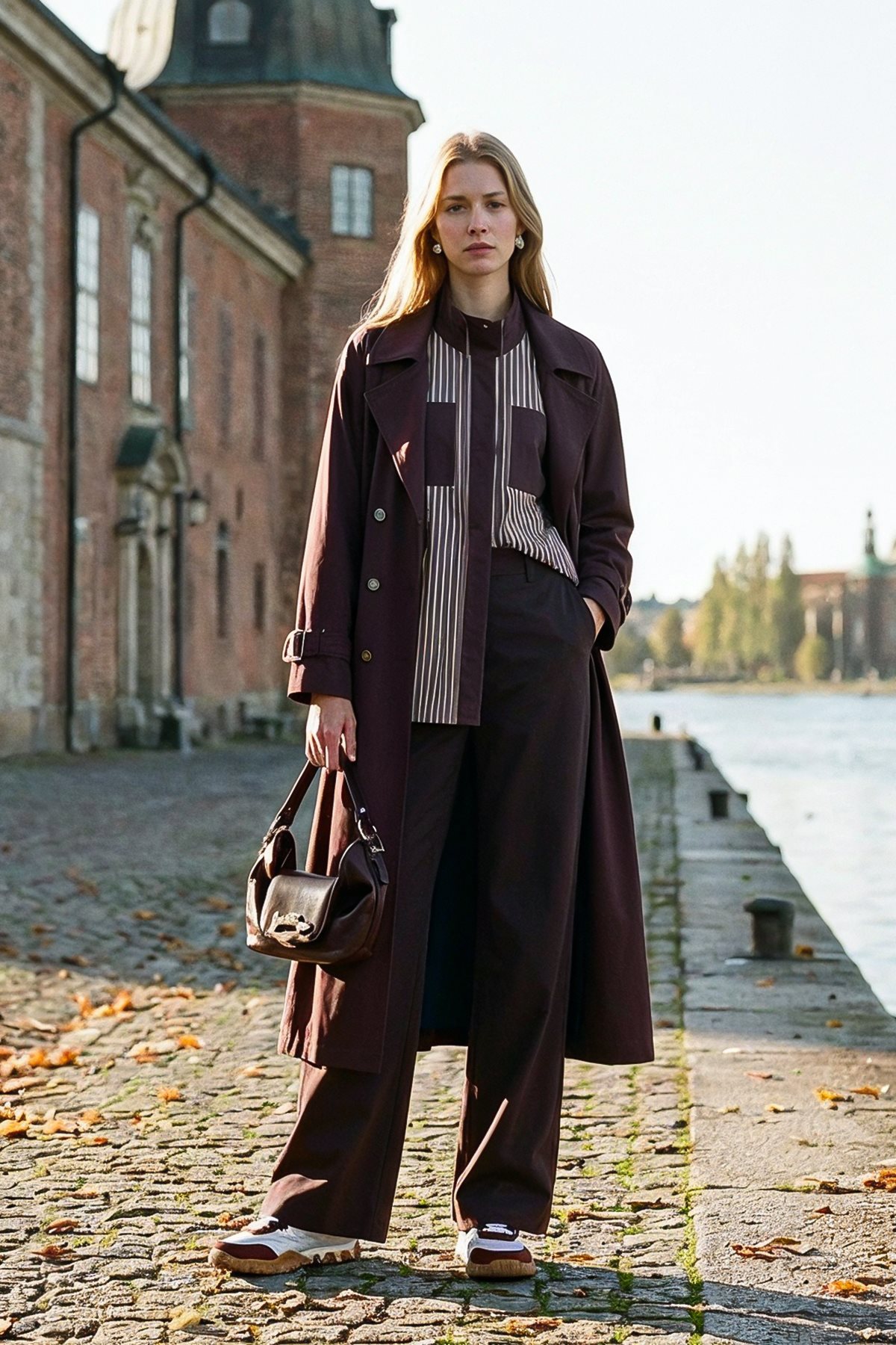 Contrast-Color Trench Coat Dark Burgundy–Dark Navy