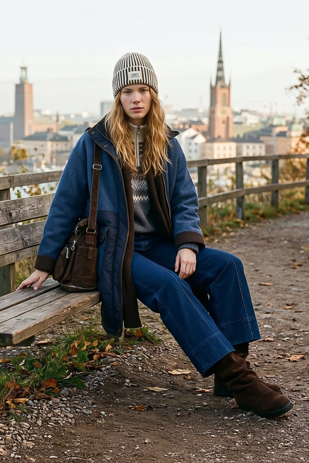 High-Waisted Contrast-Stitch Denim Pants Dark Navy