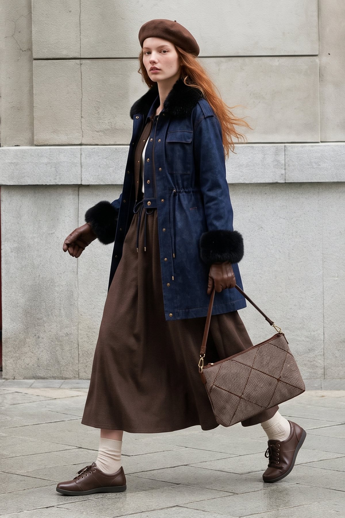 Faux Fur Denim Jacket Navy