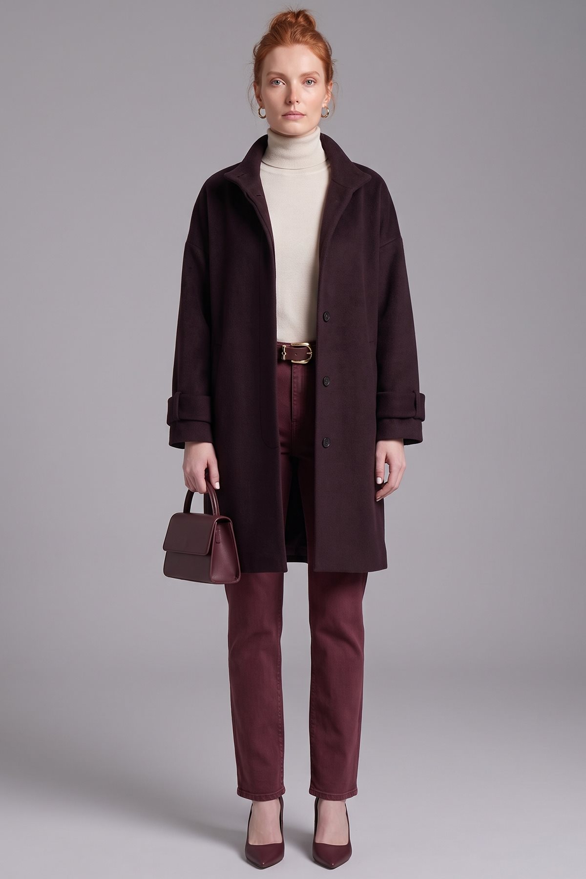 Scarf-Detail Wool Blend Coat Plum