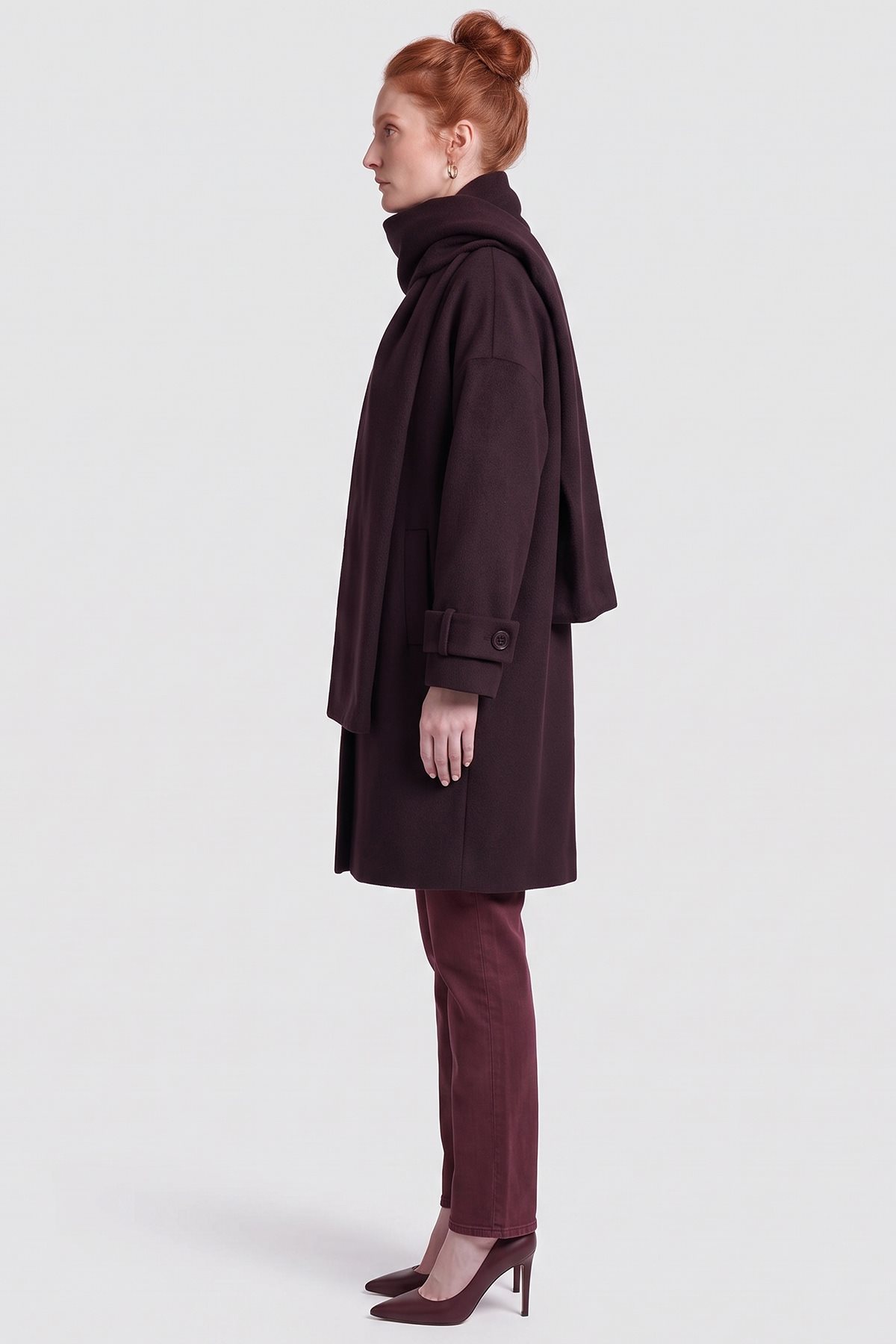 Scarf-Detail Wool Blend Coat Plum