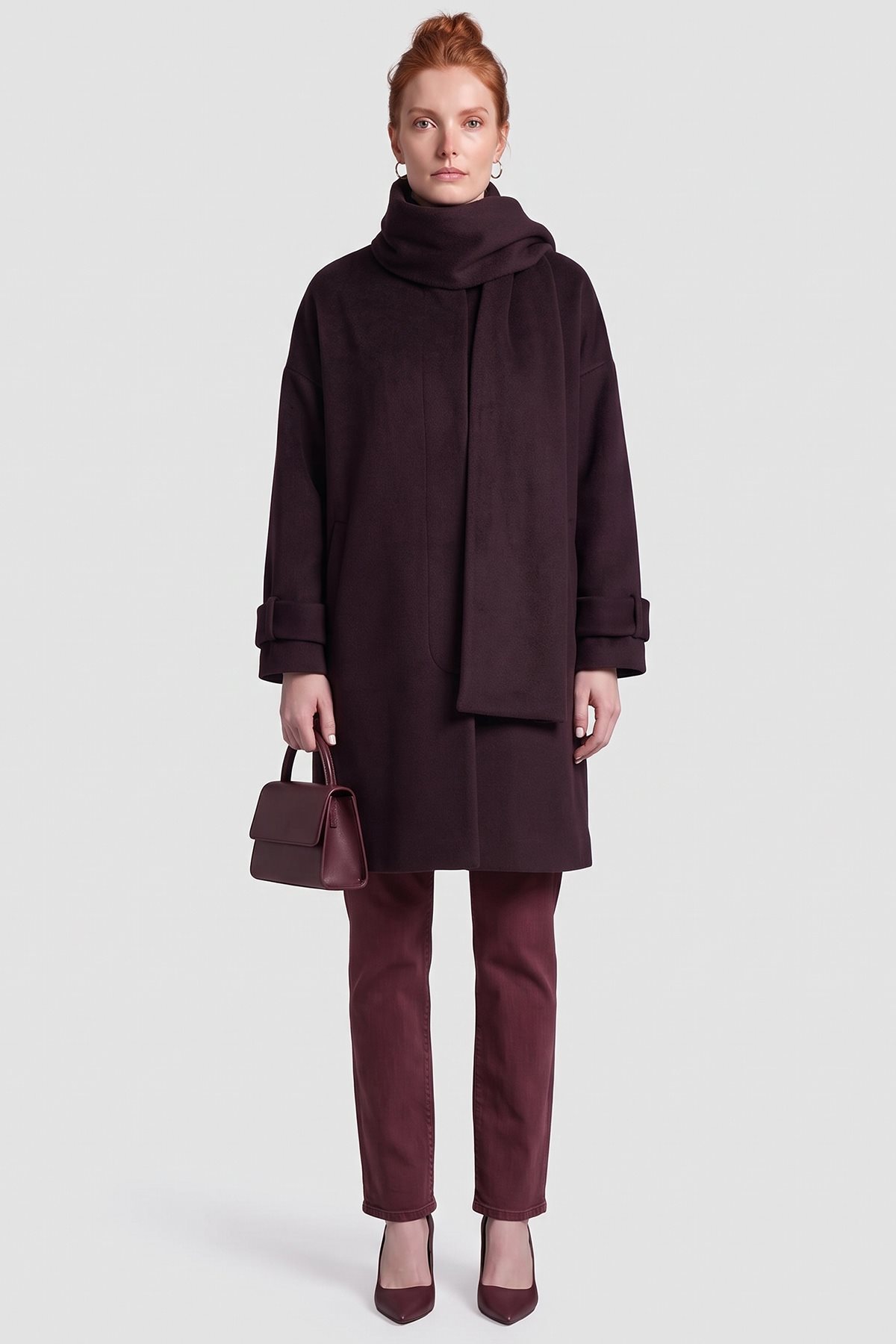 Scarf-Detail Wool Blend Coat Plum