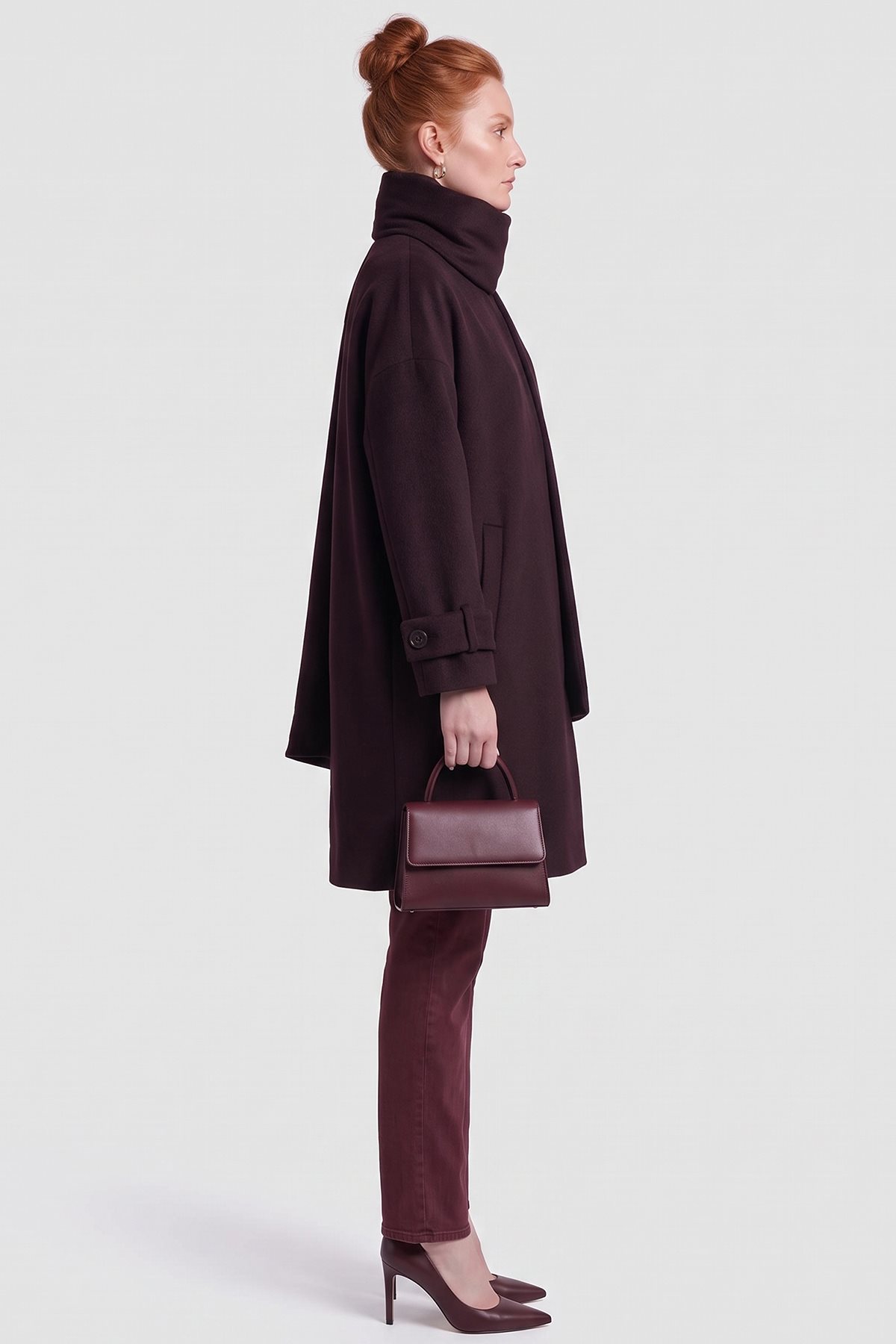 Scarf-Detail Wool Blend Coat Plum