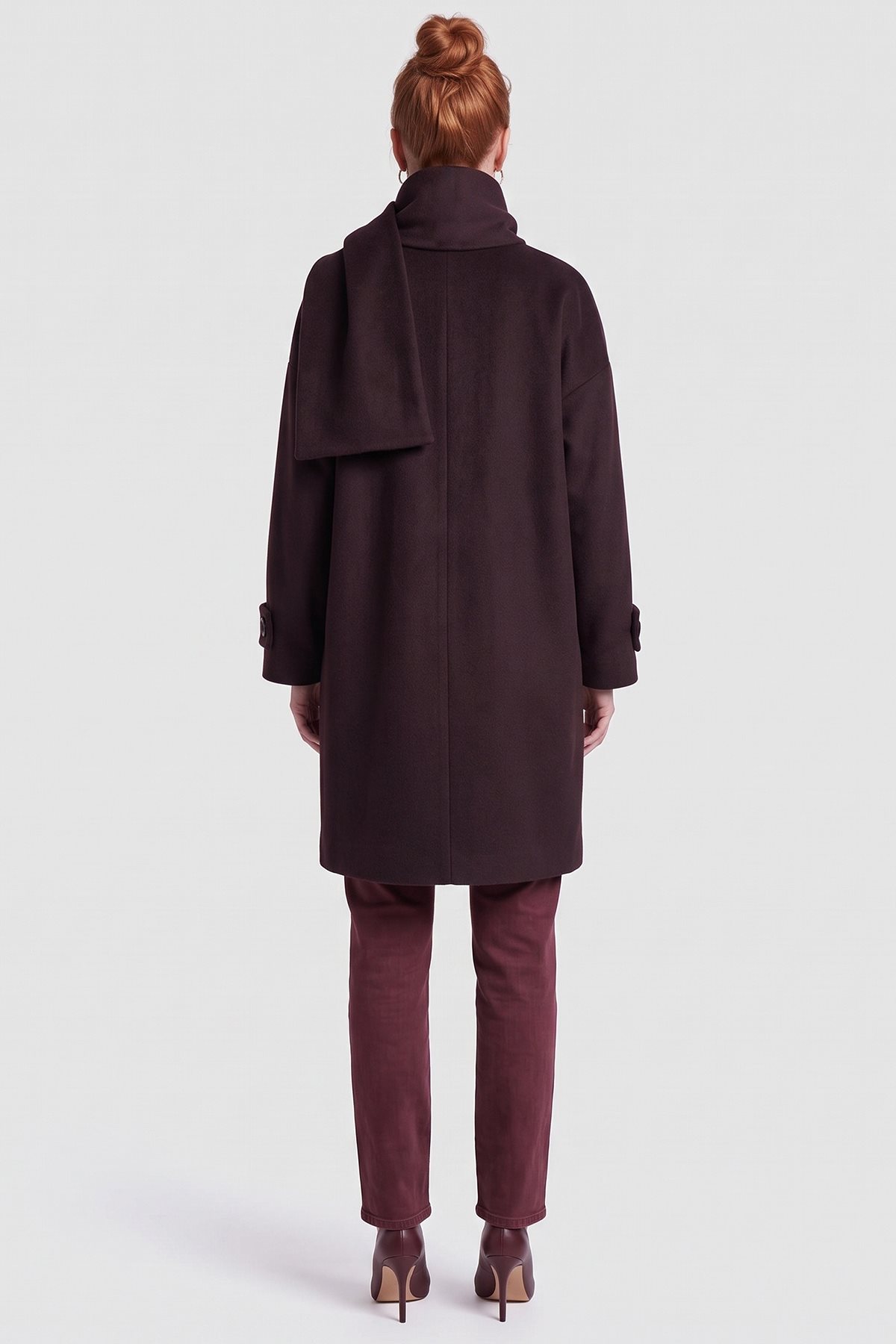 Scarf-Detail Wool Blend Coat Plum
