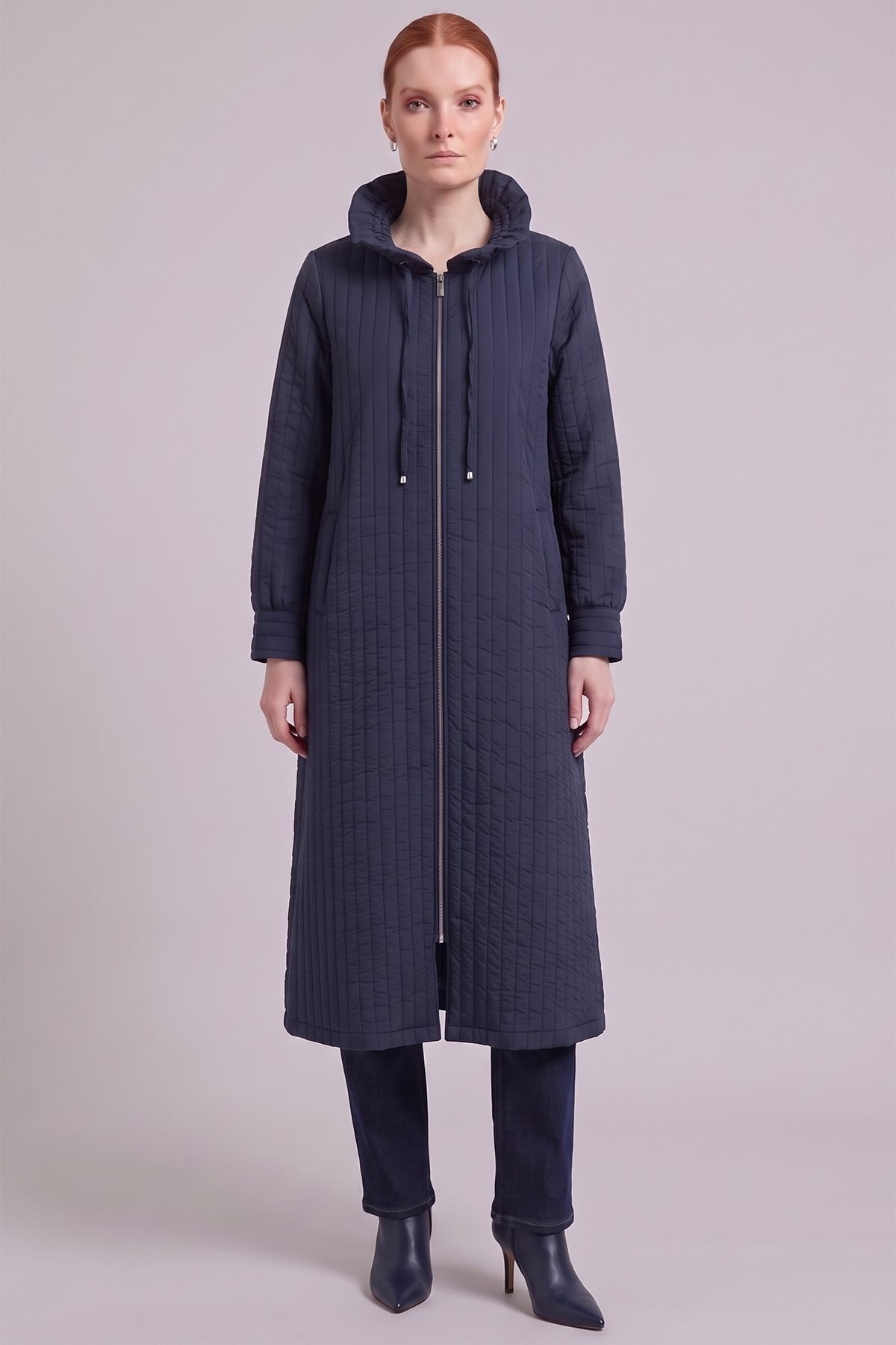 Stand-Collar Quilted Pull-On Coat Navy