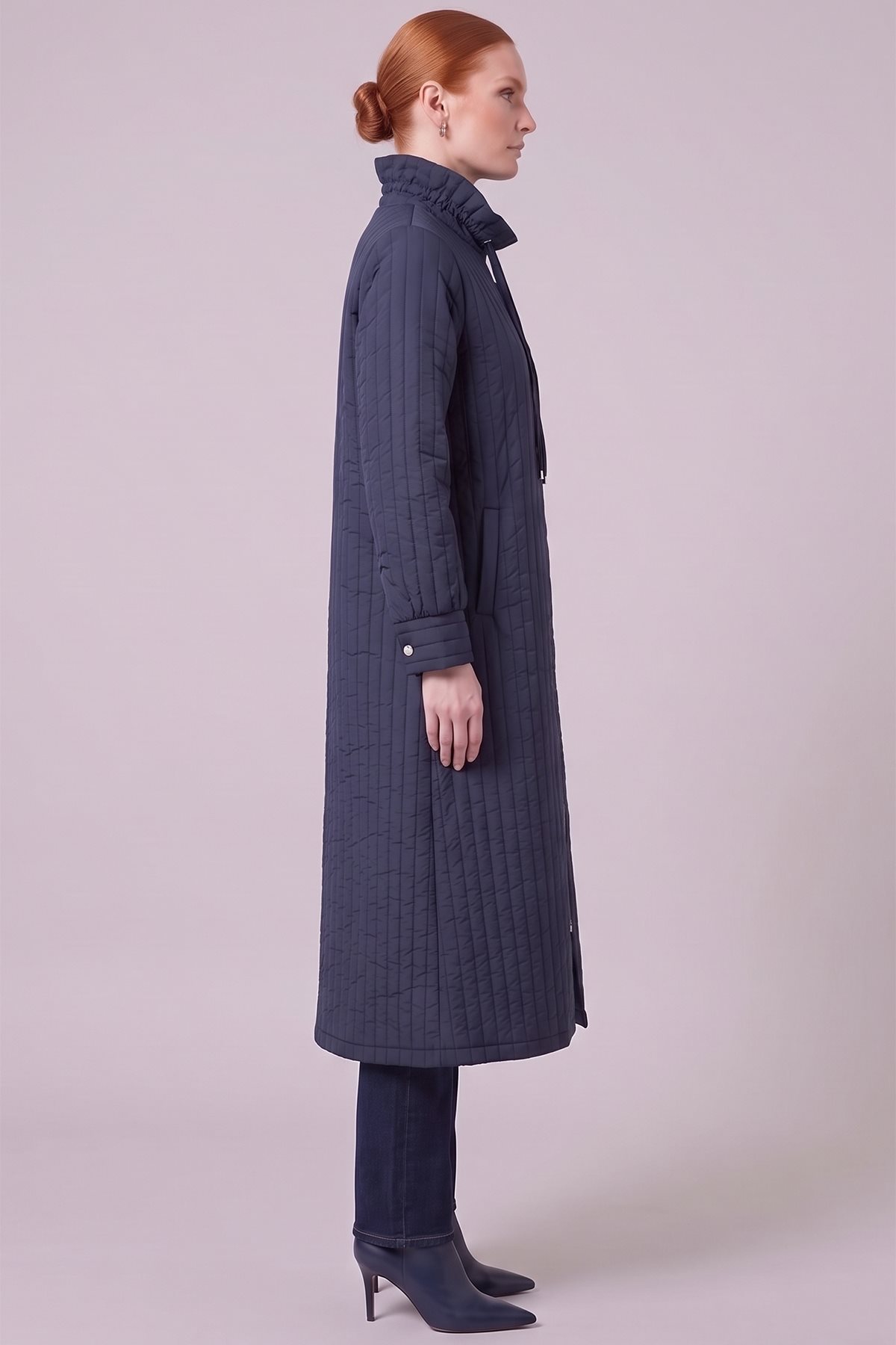 Stand-Collar Quilted Pull-On Coat Navy