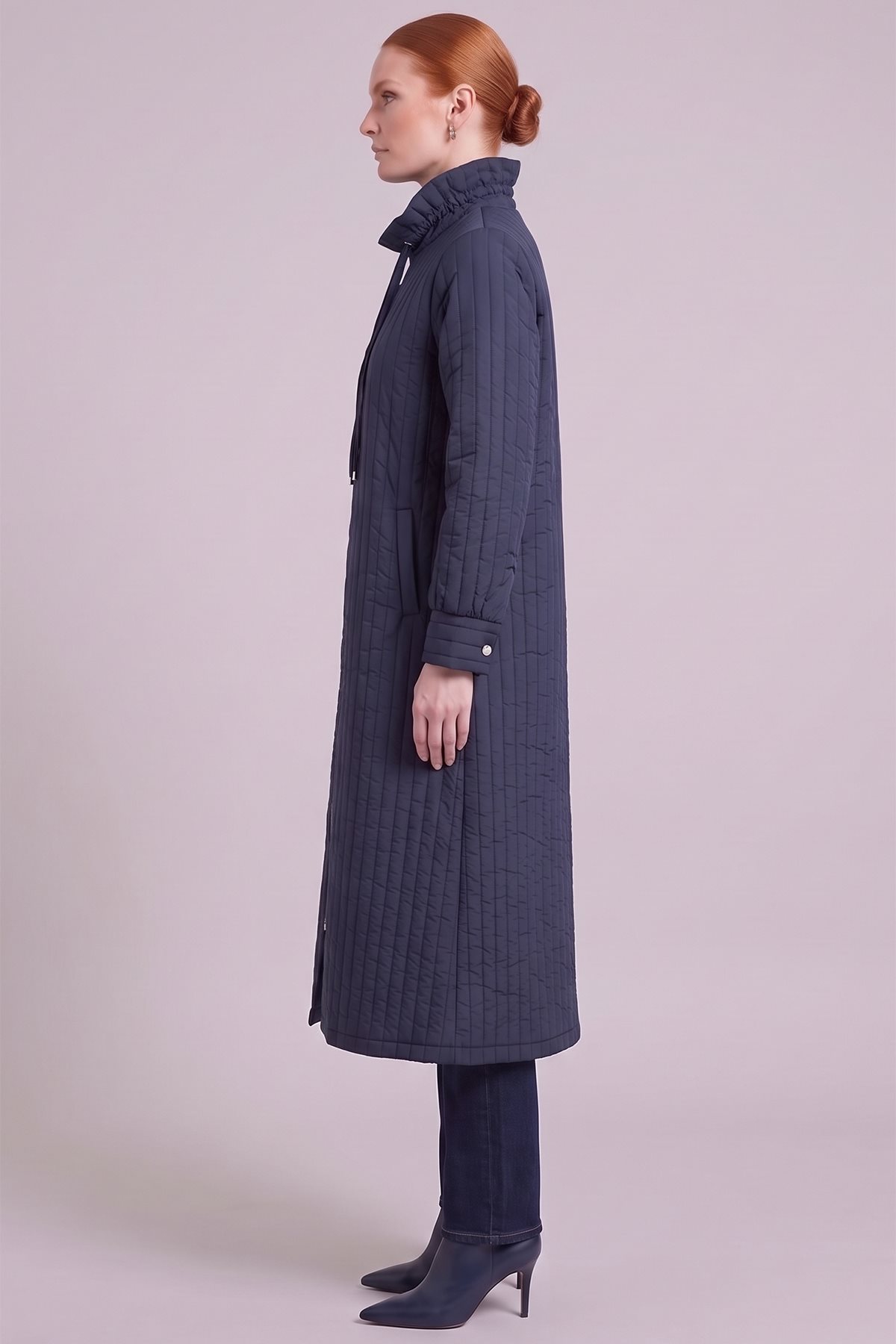 Stand-Collar Quilted Pull-On Coat Navy