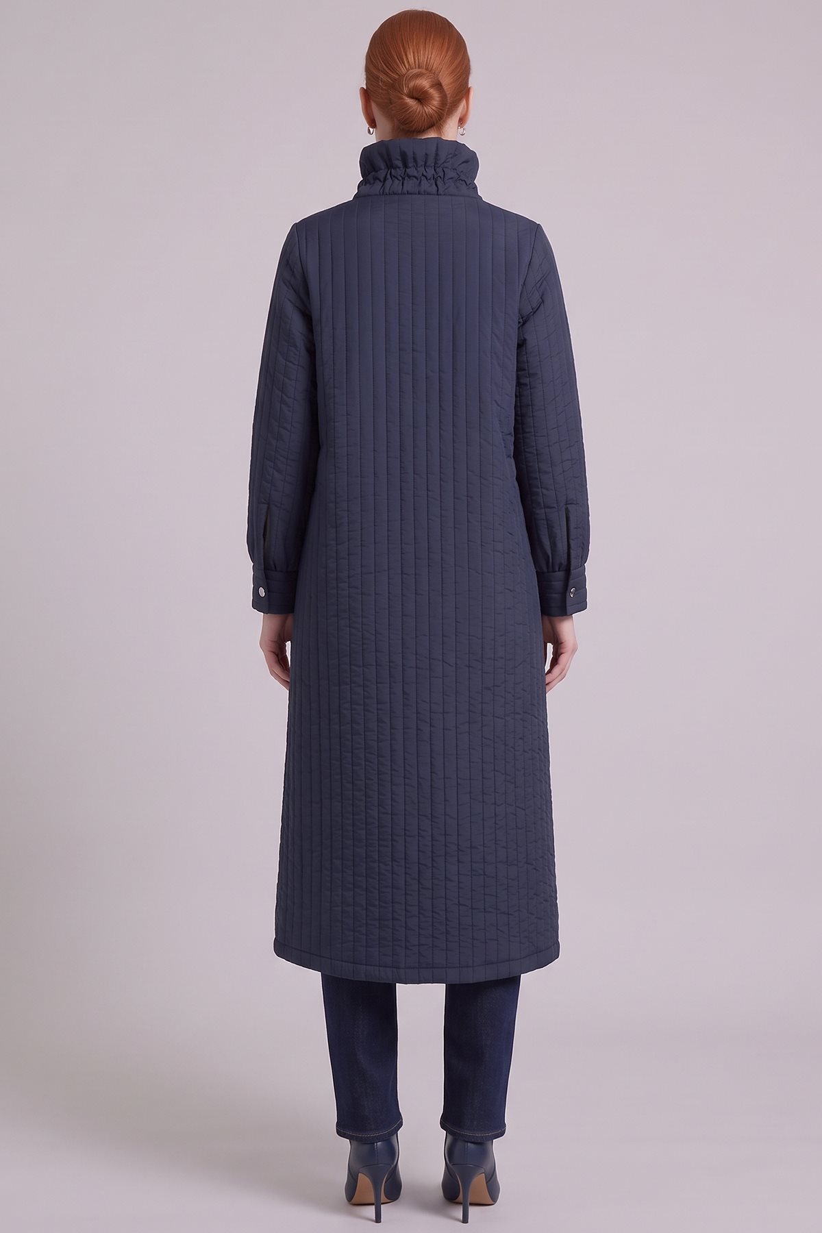 Stand-Collar Quilted Pull-On Coat Navy