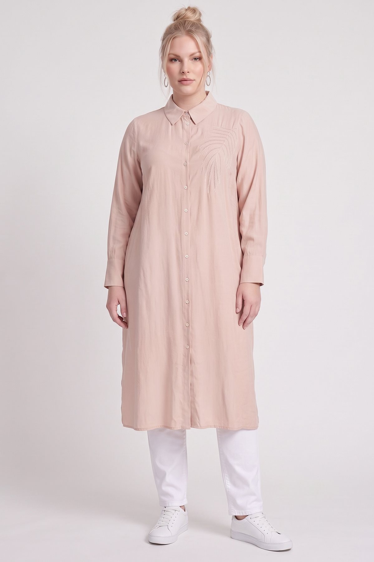 Nakış Aplikeli Modal Uzun Tunik Nude 