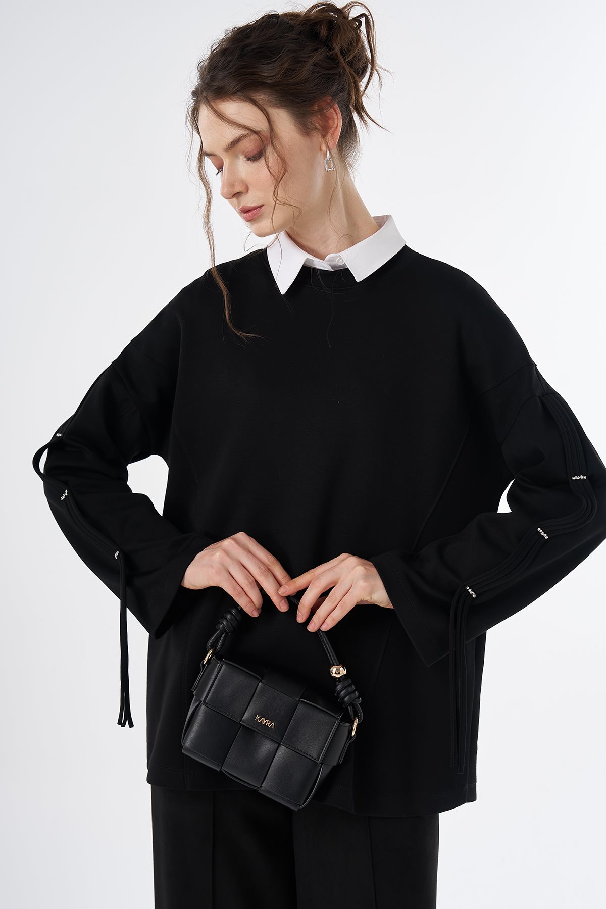 Taş Detaylı Rayon Sweatshirt Siyah