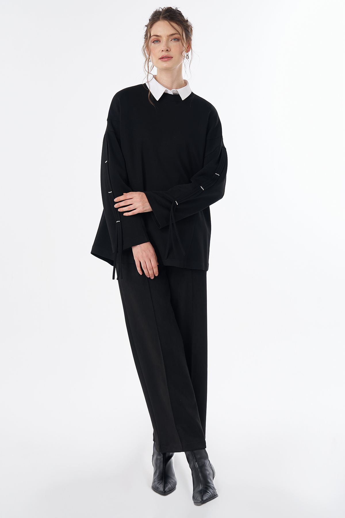 Taş Detaylı Rayon Sweatshirt Siyah
