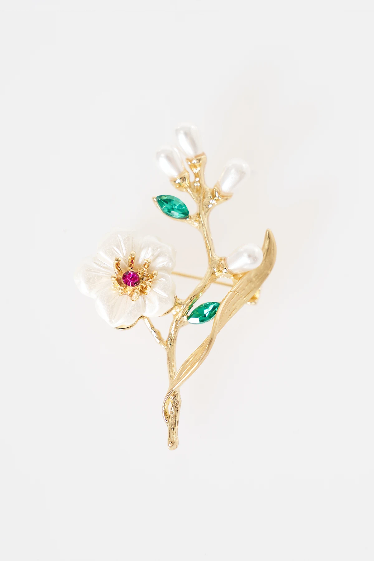 Mother-of-Pearl Flower and Pearl Brooch Gold