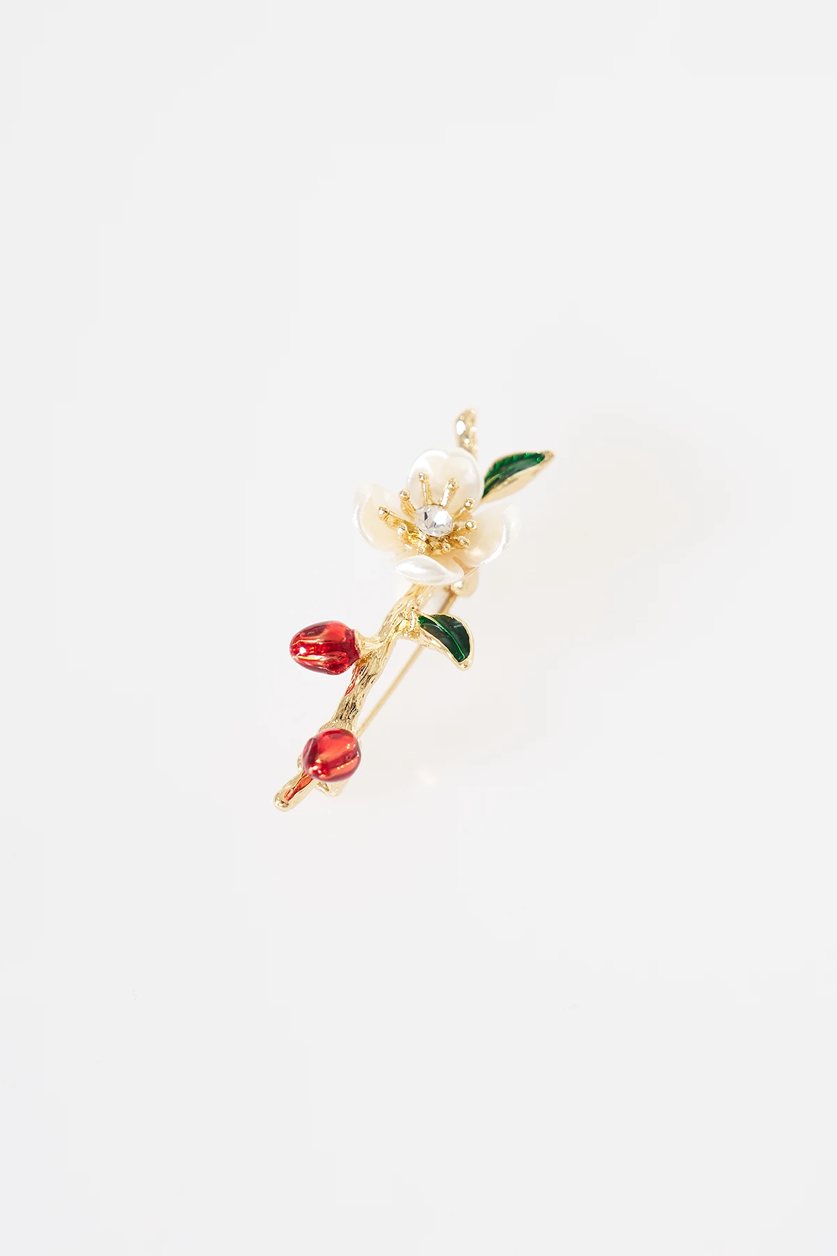 Enamel Cherry Branch Brooch Gold