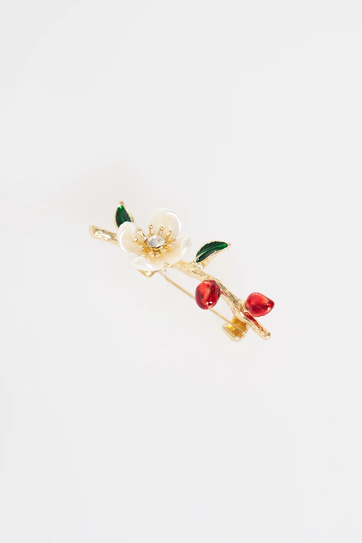 Enamel Cherry Branch Brooch Gold