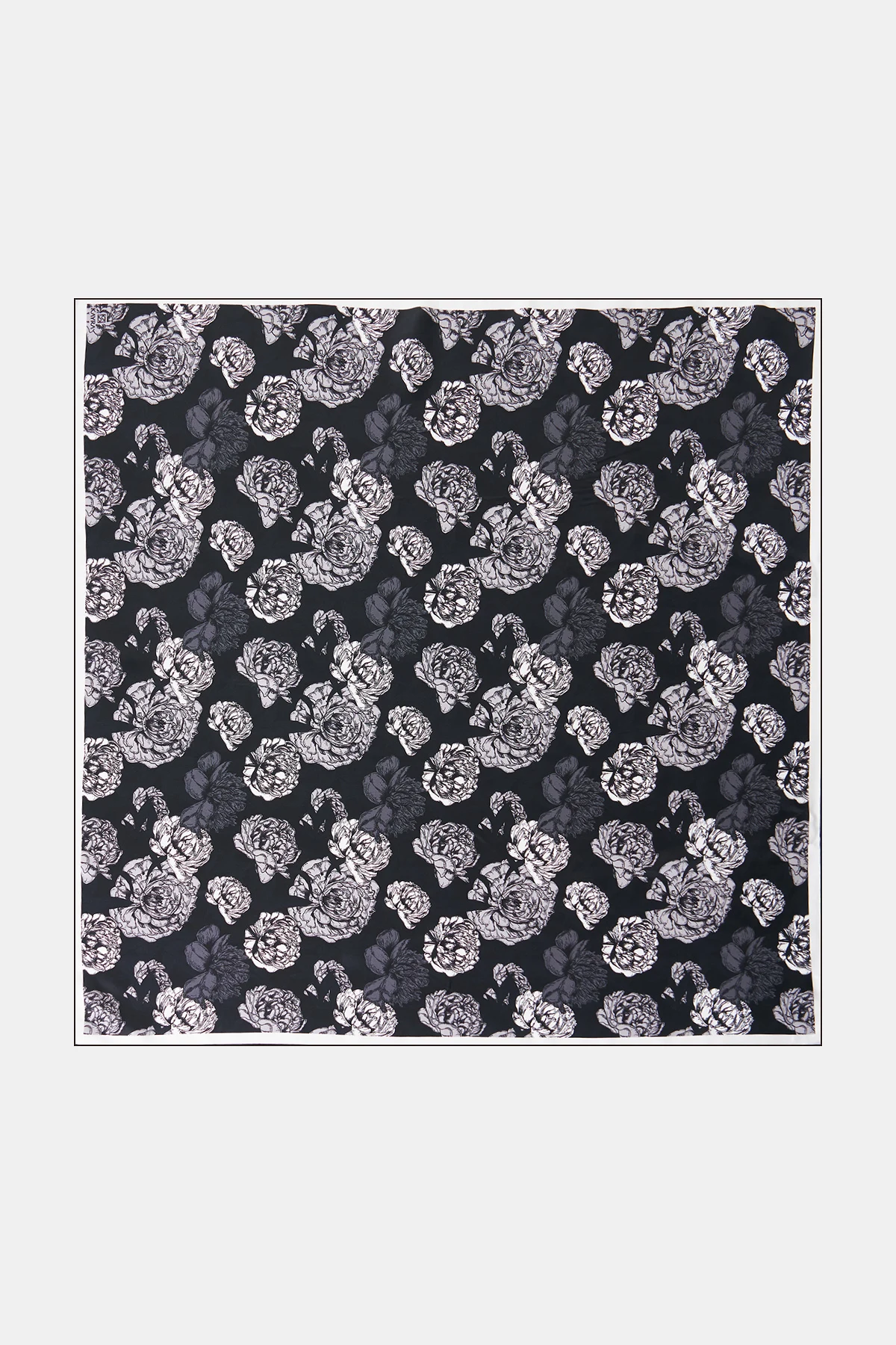 Çiçek Desen İpek Twill Eşarp Siyah