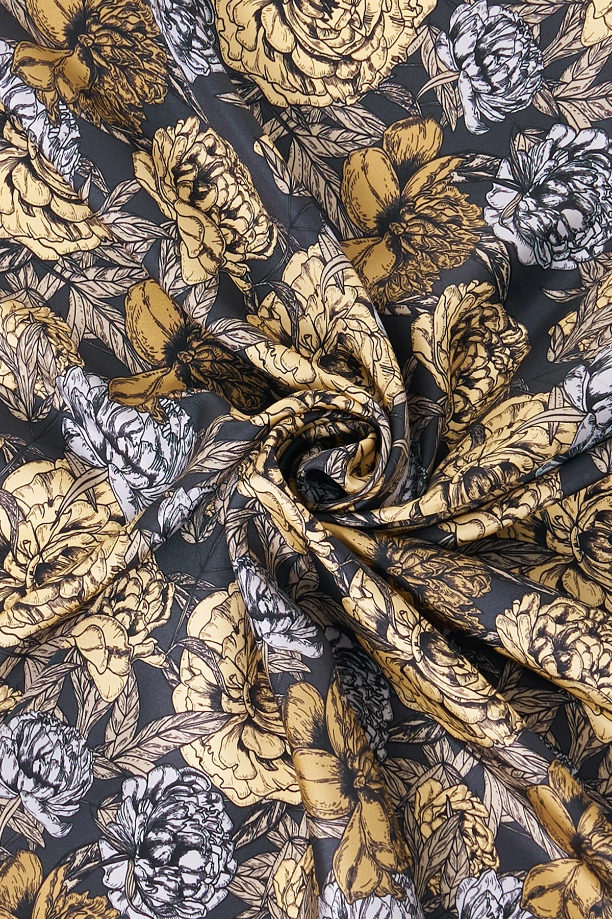 Çiçek Desen İpek Twill Eşarp Antrasit