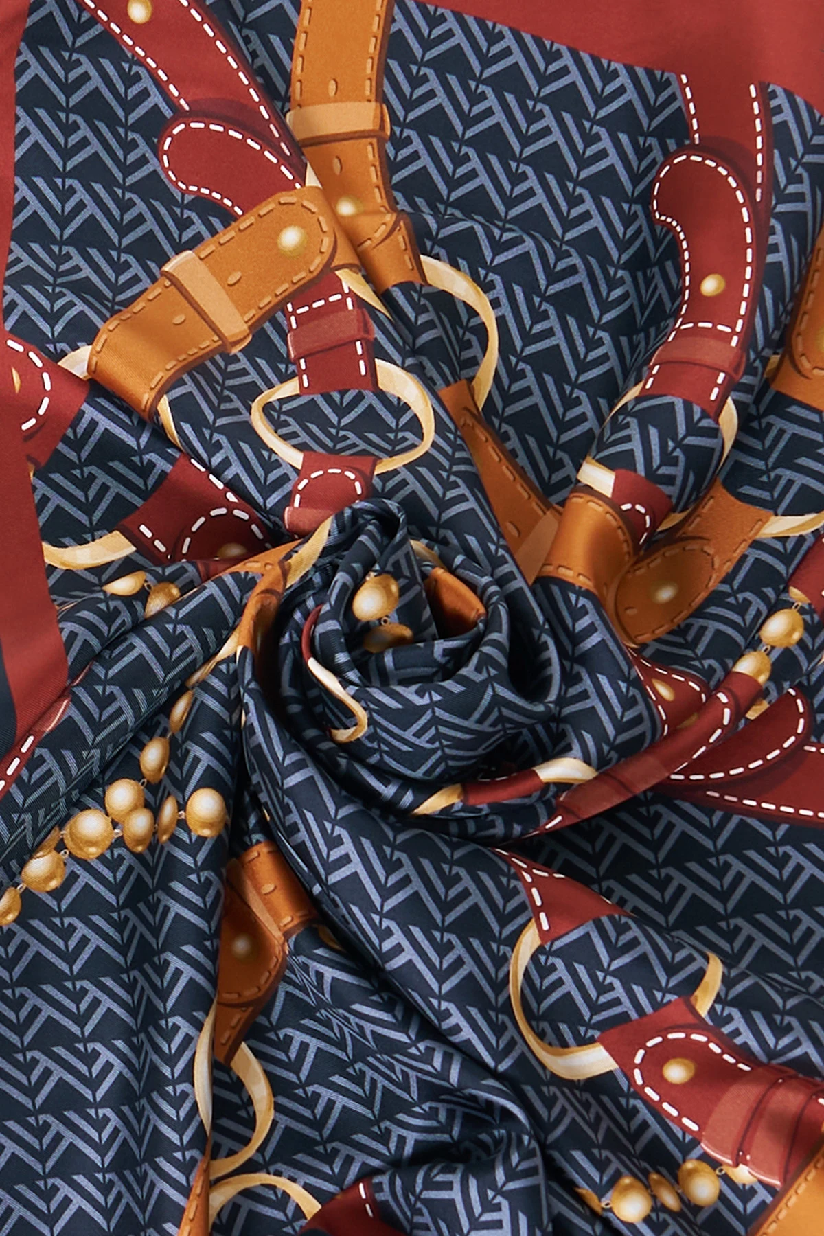 Zincir Desen İpek Twill Eşarp Lacivert